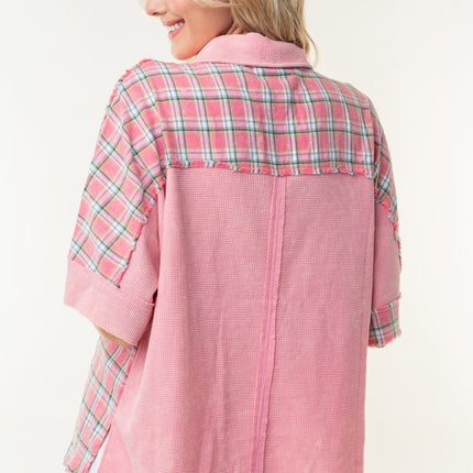 White Birch Plaid Color Block Half Button Top