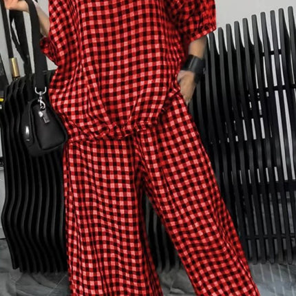 Full Size Plaid Round Neck Half Sleeve Top and Pants Set