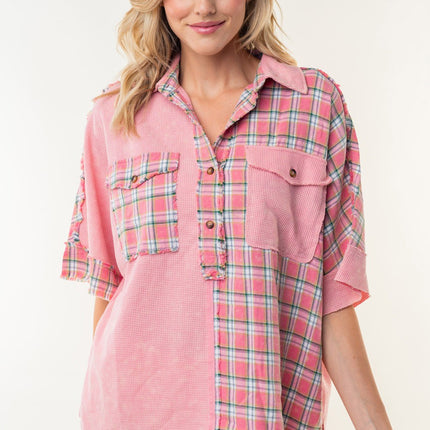 White Birch Plaid Color Block Half Button Top