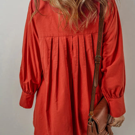 Pocketed Button Down Long Sleeve Shirt Dress