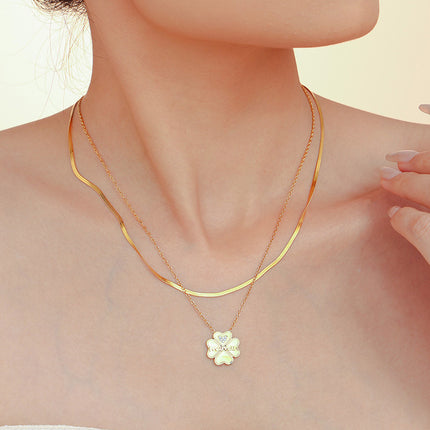 2 Piece 18K Gold-Plated Inlaid Zircon Lucky Clover Necklace