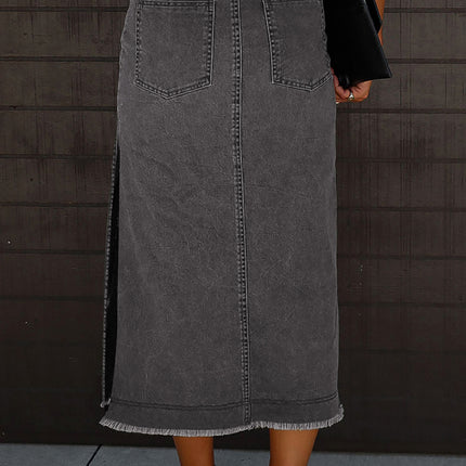 Raw Hem Slit Pocketed Midi Denim Skirt