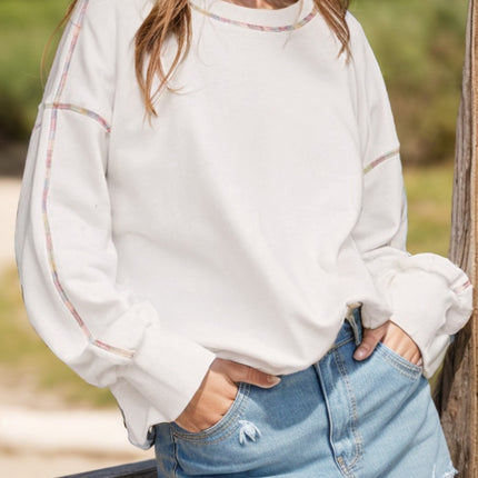 Rainbow Trim Round Neck Long Sleeve Sweatshirt