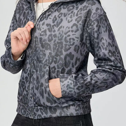 Pocketed Leopard Zip Up Hooded Jacket