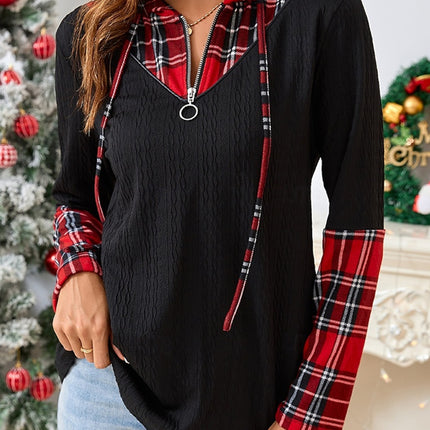 Plaid Quarter Zip Hooded T-Shirt