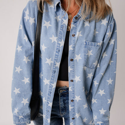 Raw Hem Star Collared Neck Denim Top