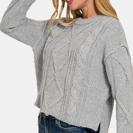 Zenana Cropped High Low Cable Sweater with Side Slits