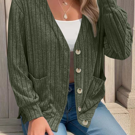 Full Size Button Up V-Neck Long Sleeve Cardigan