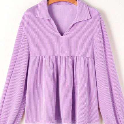 Corded Johnny Collar Long Sleeve Babydoll Blouse