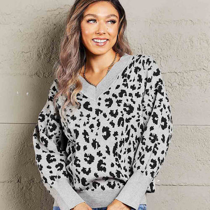 Double Take Leopard V-Neck Dropped Shoulder Top