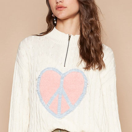 POL Cable-Knit Peace Patch Dropped Shoulder Sweater