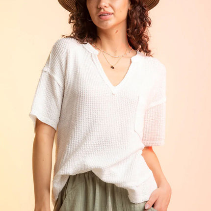 Waffle-Knit Notched Half Sleeve T-Shirt