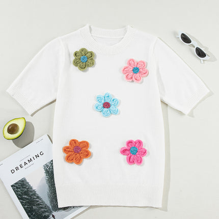 Flower Round Neck Short Sleeve Sweater