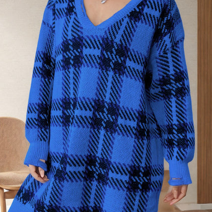 Distressed Plaid V-Neck Long Sleeve Sweater Dress