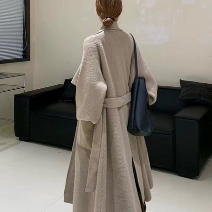 Autumn And Winter New Elegant Belt Knitted Trench Coat For Women