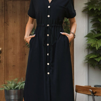 Slit Drawstring Button Up Short Sleeve Midi Dress