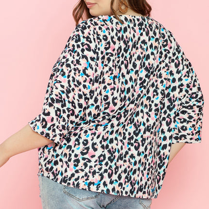 Plus Size Leopard V-Neck Three-Quarter Sleeve Blouse