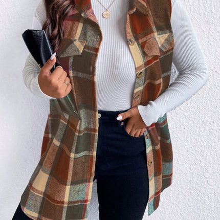 Honey Plus Size Pocketed Plaid Button Up Vest Coat - Vickie Lynn's