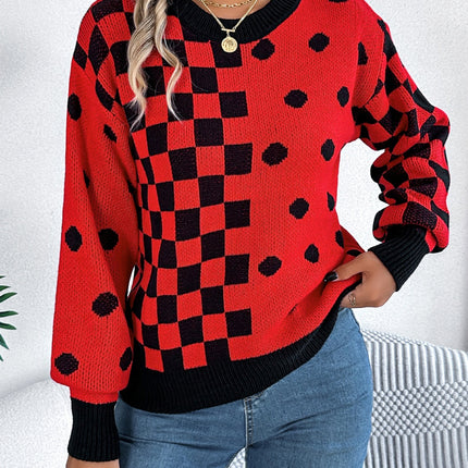 Plaid Round Neck Long Sleeve Sweater