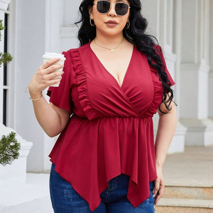 Plus Size Frill Surplice Flutter Sleeve Blouse