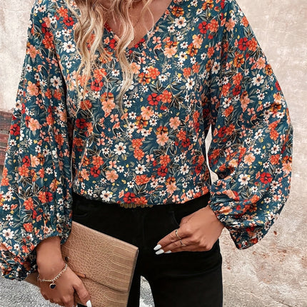 Printed V-Neck Balloon Sleeve Blouse