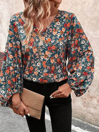 Printed V-Neck Balloon Sleeve Blouse