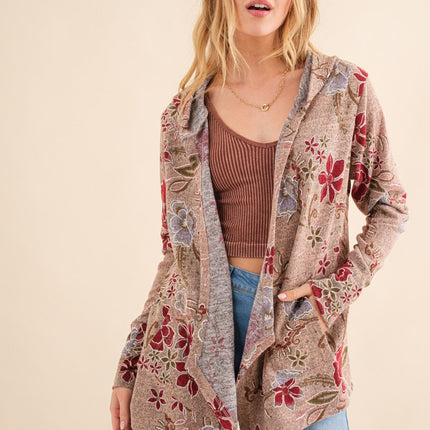 And The Why Floral Thermal Hooded Open Front Cardigan