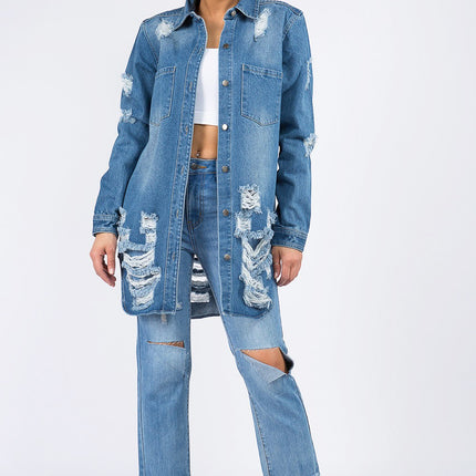 American Bazi Distressed Button Down Denim Shirt Jacket