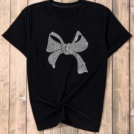 Rhinestone Bow Graphic Round Neck Short Sleeve T-Shirt