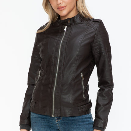 Snobbish PU Leather Biker Jacket with Side Zip Pockets