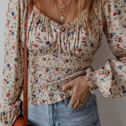 Ruched Printed Scoop Neck Long Sleeve Blouse