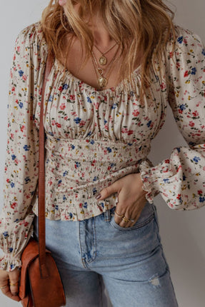 Ruched Printed Scoop Neck Long Sleeve Blouse