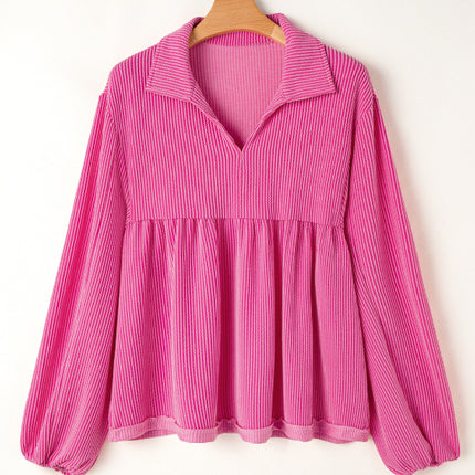 Corded Johnny Collar Long Sleeve Babydoll Blouse