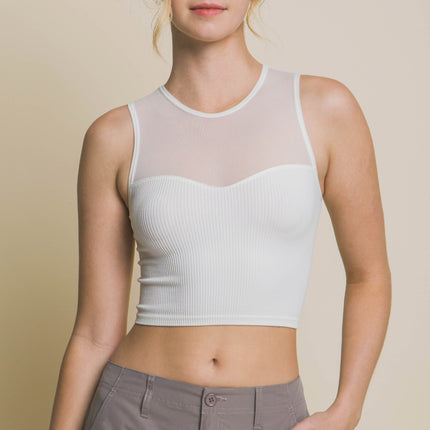 Love Tree Round Neck Ribbed Cropped Mesh Tank