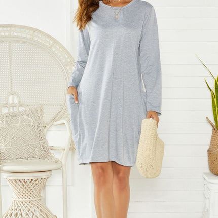 Pocketed Round Neck Long Sleeve Dress