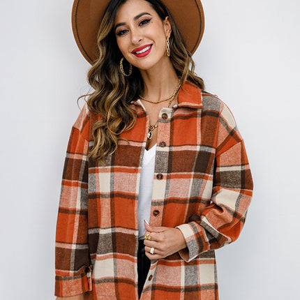Shiny Plaid Button Up Collared Neck Jacket