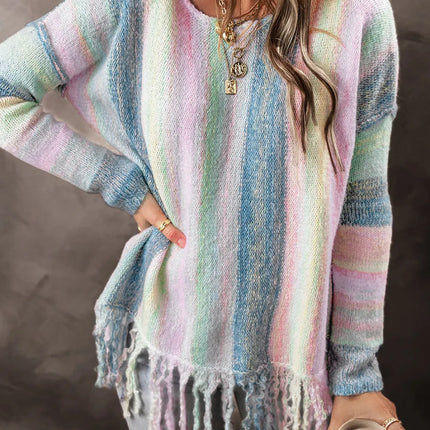 Fringe Color Block Round Neck Sweater