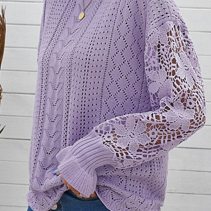 Openwork Round Neck Long Sleeve Sweater