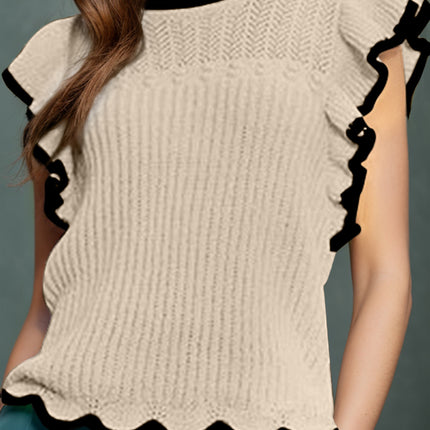 Ruffled Round Neck Cap Sleeve Knit Top