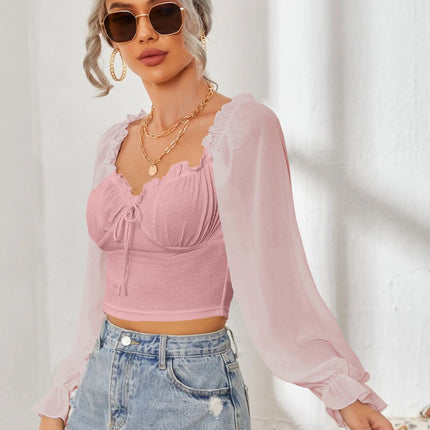 Mesh Sweetheart Neck Flounce Sleeve Top