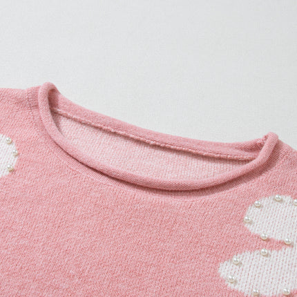 Pearl Trim Flower Round Neck Sweater