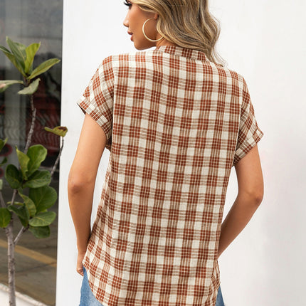 Plaid Notched Short Sleeve Blouse