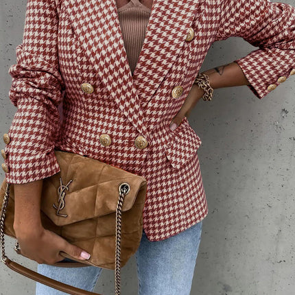 Houndstooth Collared Neck Double-Breasted Blazer