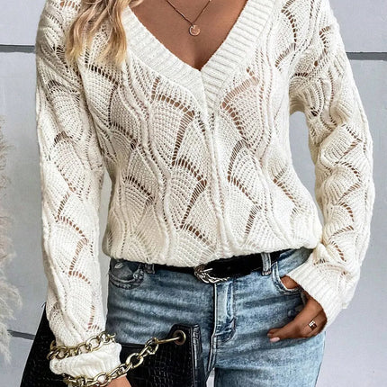 Openwork V-Neck Long Sleeve Sweater