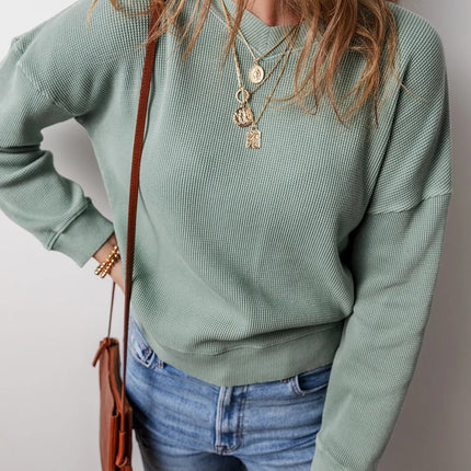 Waffle-Knit Long Sleeve Dropped Shoulder Top - Vickie Lynn's