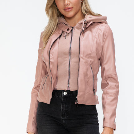 Snobbish Faux Leather Zip Up Drawstring Hooded Jacket