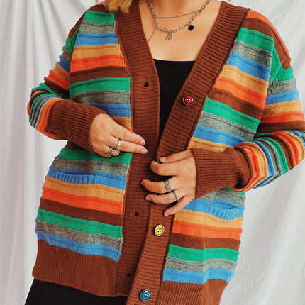 Contrast Stripes Button Up Long Sleeve Cardigan