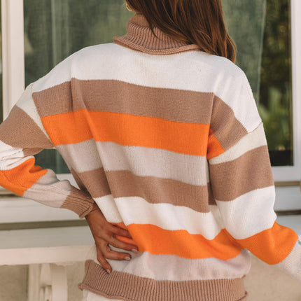 Color Block Drop Shoulder Turtleneck Sweater