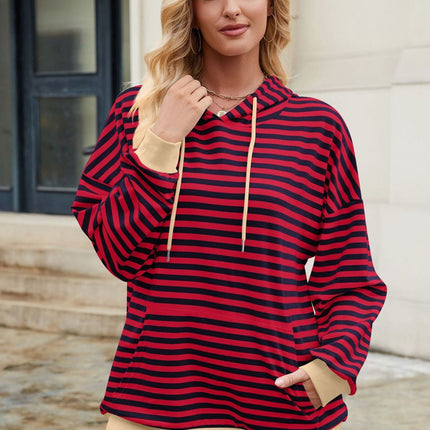 Drawstring Contrast Striped Long Sleeve Hoodie