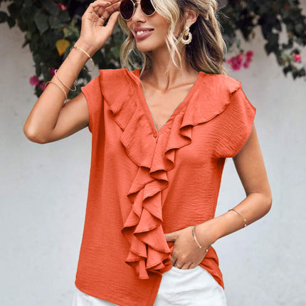 Ruffled V-Neck Short Sleeve Blouse